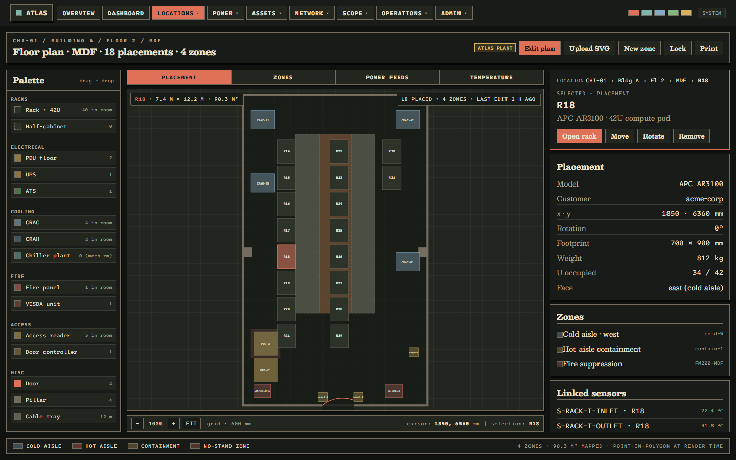 Floor plan. Room view with placement, hot zones, and live sensor overlay.