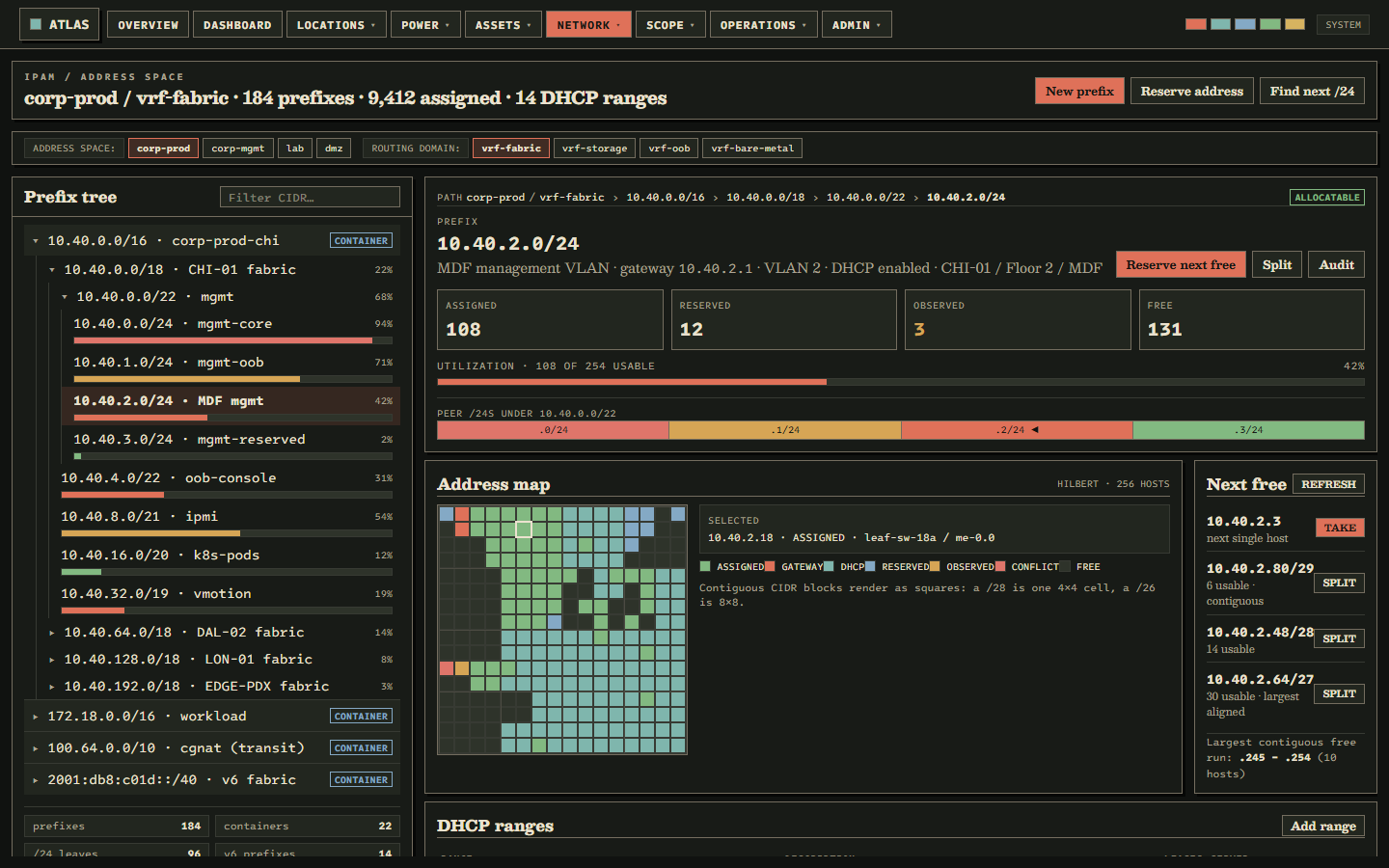 IPAM. Prefix tree, address map, and DHCP ranges on one surface.